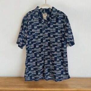 LL Bean Mens Short Sleeve Button Down Cotton Shirt Blue Zig Zag‎ Pattern Large